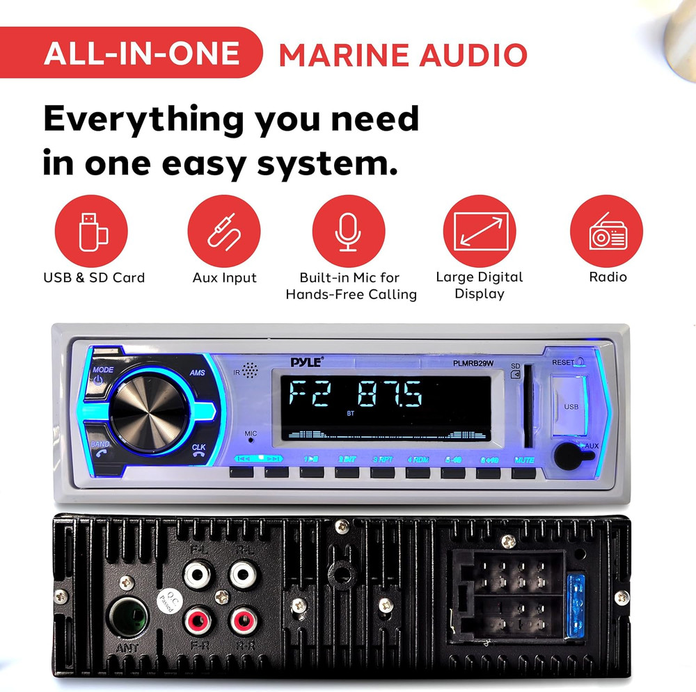 Single DIN Marine Stereo Receiver Bluetooth White PLMRB29W