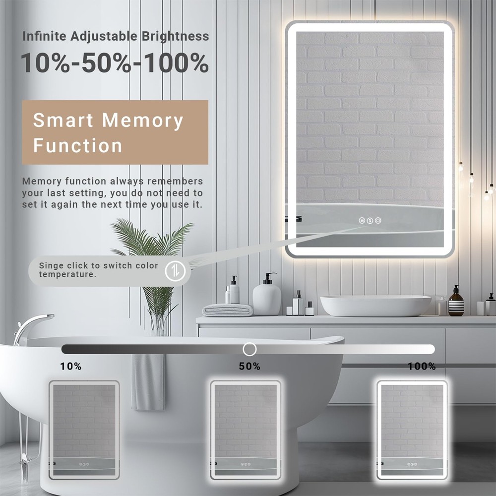 28x 20 LED Bathroom Mirror with Stepless Dimmable, Backlight Wall Mirrors wit...