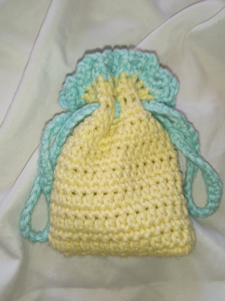 Gift Bag, Crochet Drawstring Pouch, Keepsake Sack, Rosary, Wristlet Handmade