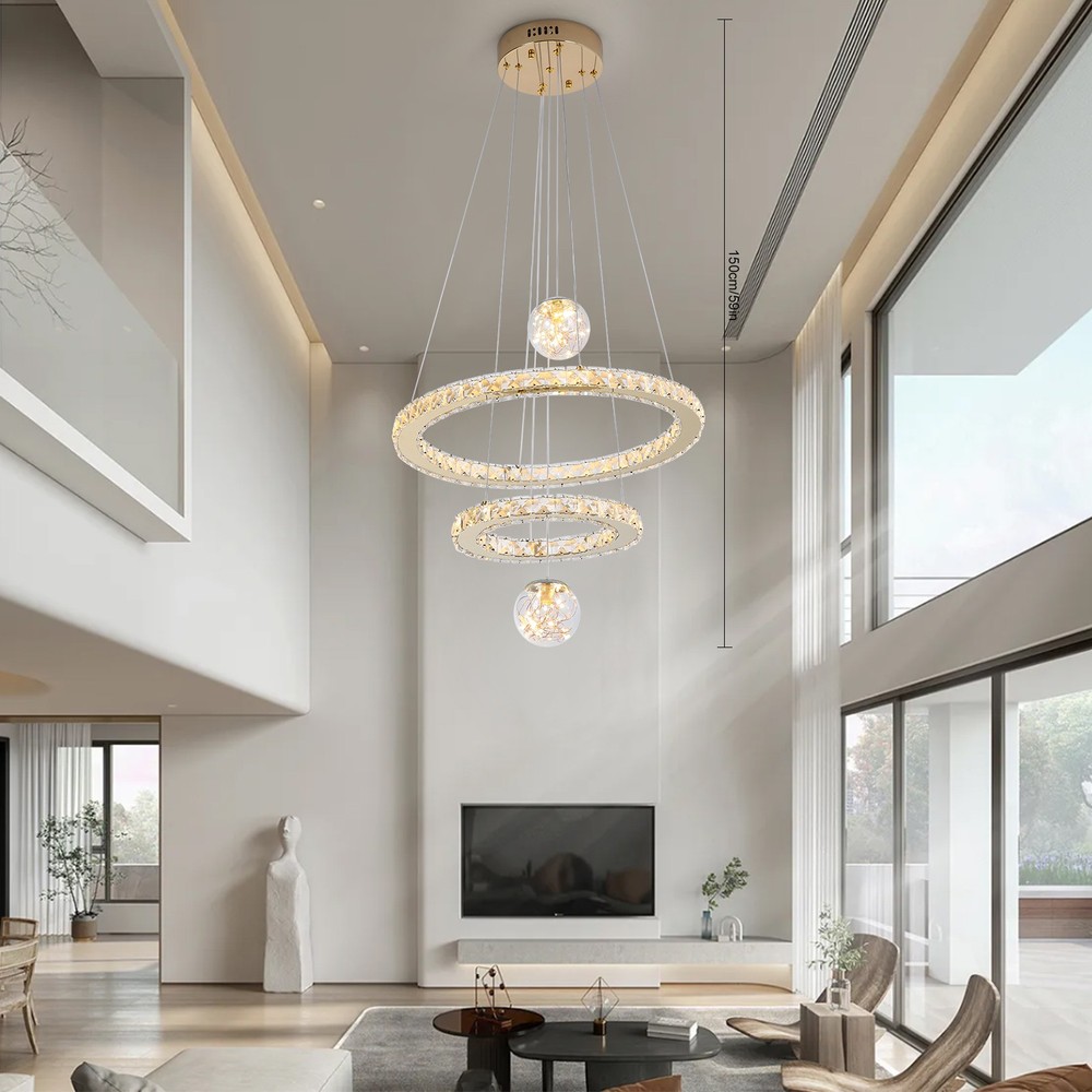 Modern LED Chandelier Dimmable 3 Color Crystal Ceiling Pendant Light Adjustable.