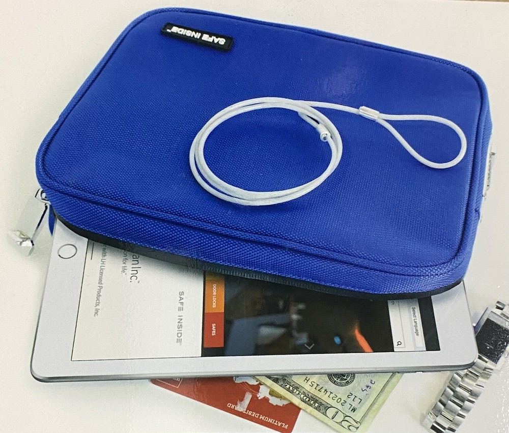 Locking Privacy Pouch Bag - SAFE INSIDE Blue Large w/ Combo Lock Latch & Tether