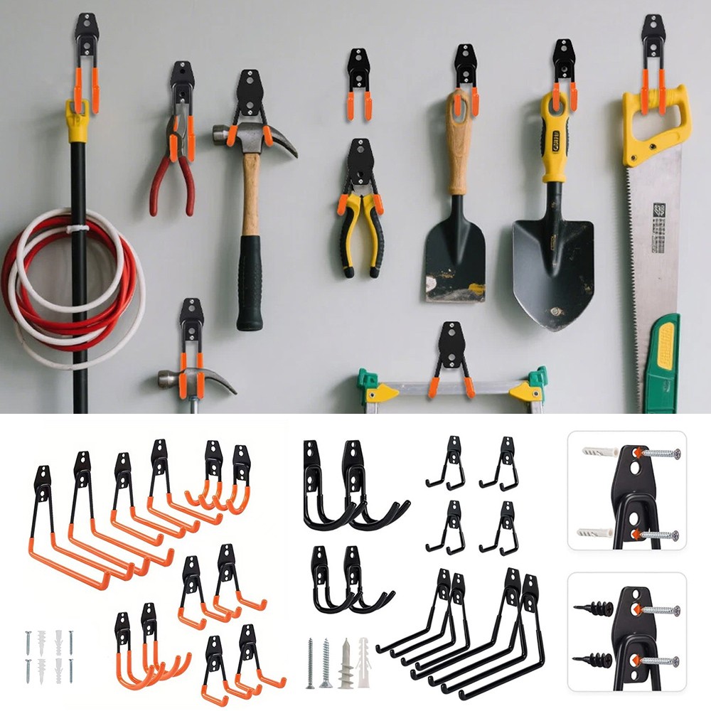 Garage Storage Hooks for Tools, Bikes & Ladders - 15-Piece Set with Screws & Anc