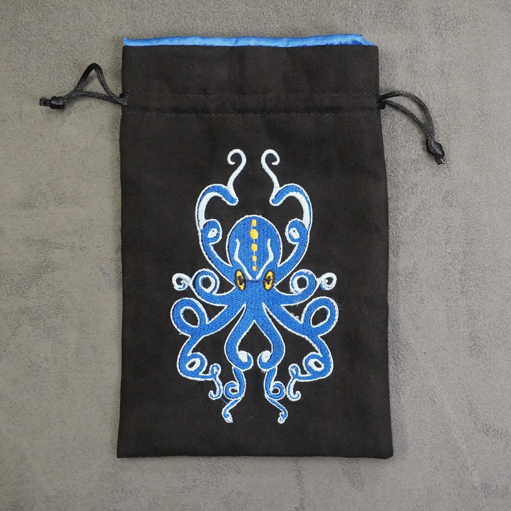 Octopus Embroidered Drawstring Dice Bag Blue Lined RPG Accessory Storage Pouch