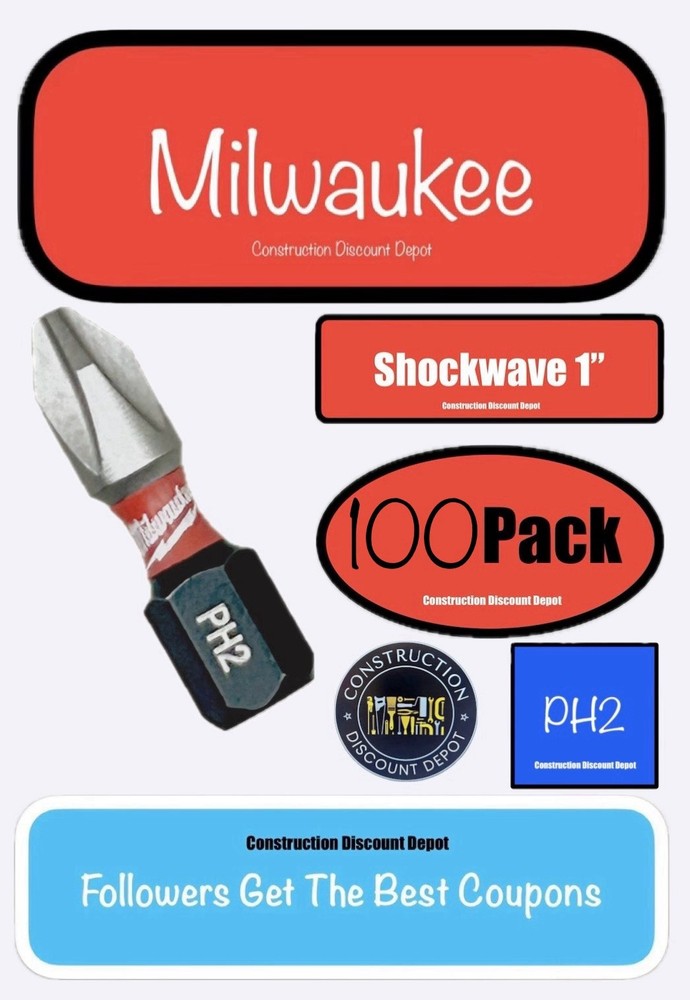 Bulk 100 Pack Milwaukee Shockwave Impact Duty Phillips #2 PH2 Screw Drill Bit 1"