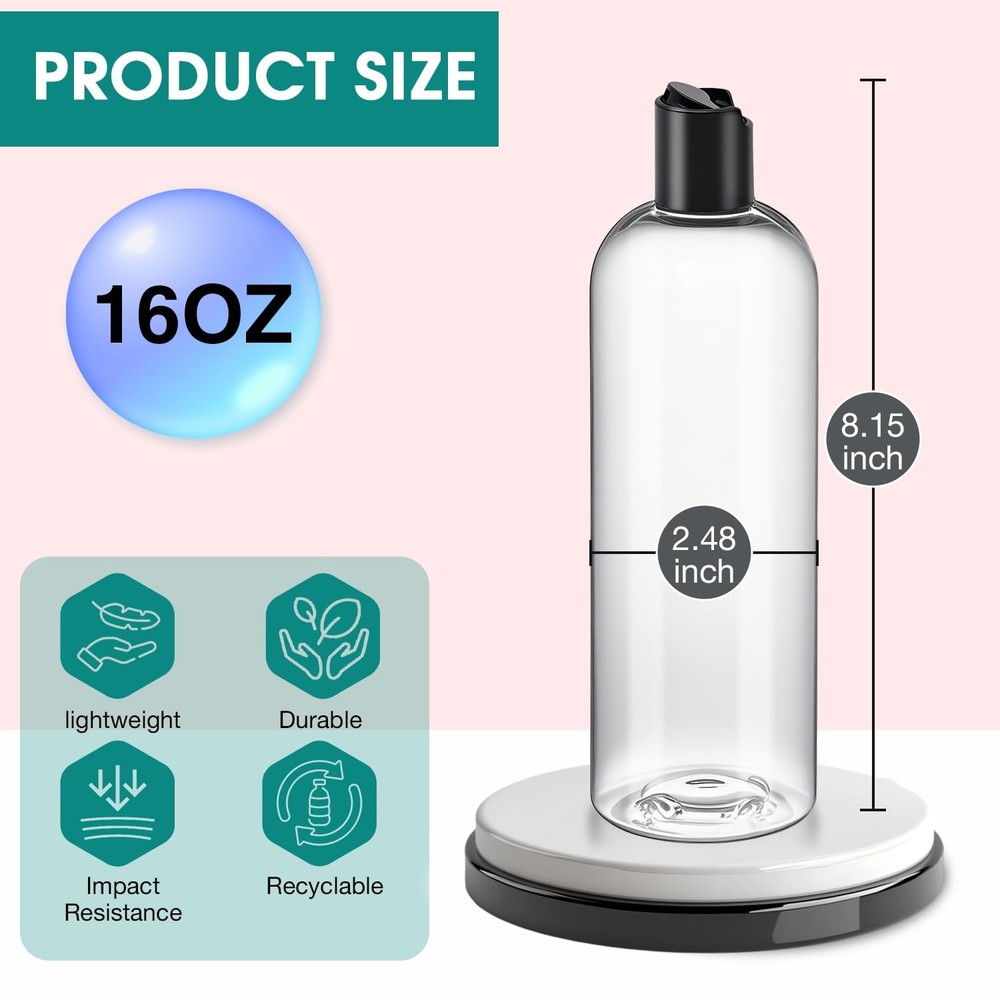 16 oz Clear Plastic Empty Bottles with Black Disc Top Caps, 12 Pcs Squeezable...