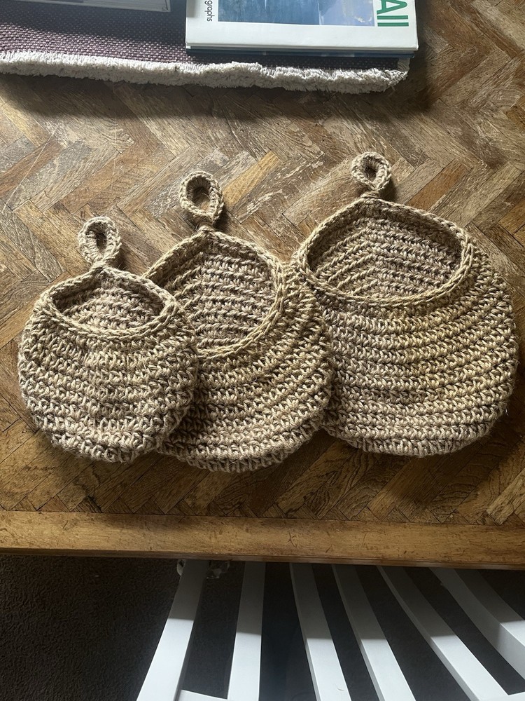 Set Of 3 Crochet Jute Hanging (Fruit) Baskets