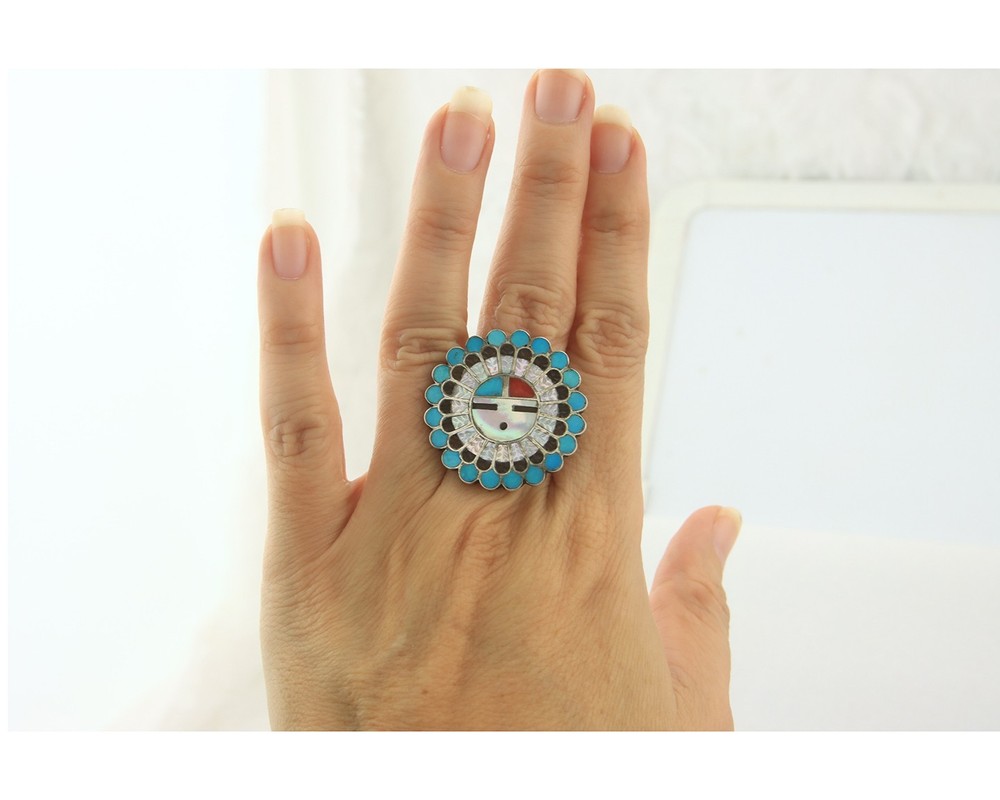 Zuni Ring Sterling Silver Natural Gemstone Handmade Signed E&P Quam