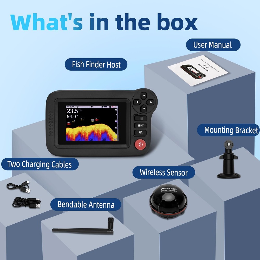 Portable Rechargeable Fish Finder, Wireless Sonar FishFinder, Castable Kayak