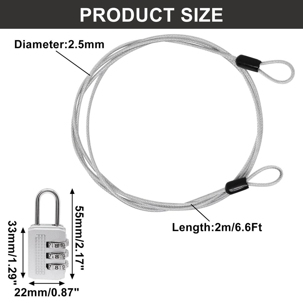 Cable Lock Double Loops 6.6Ft Long Silver Security Cables with Lock, Bike Locks