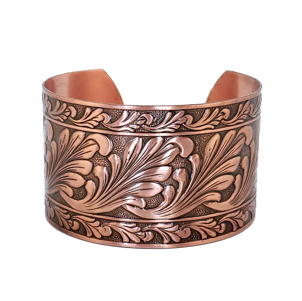 Solid Copper Adjustable Cuff Bracelet with Embossed Floral Design Antique Finish