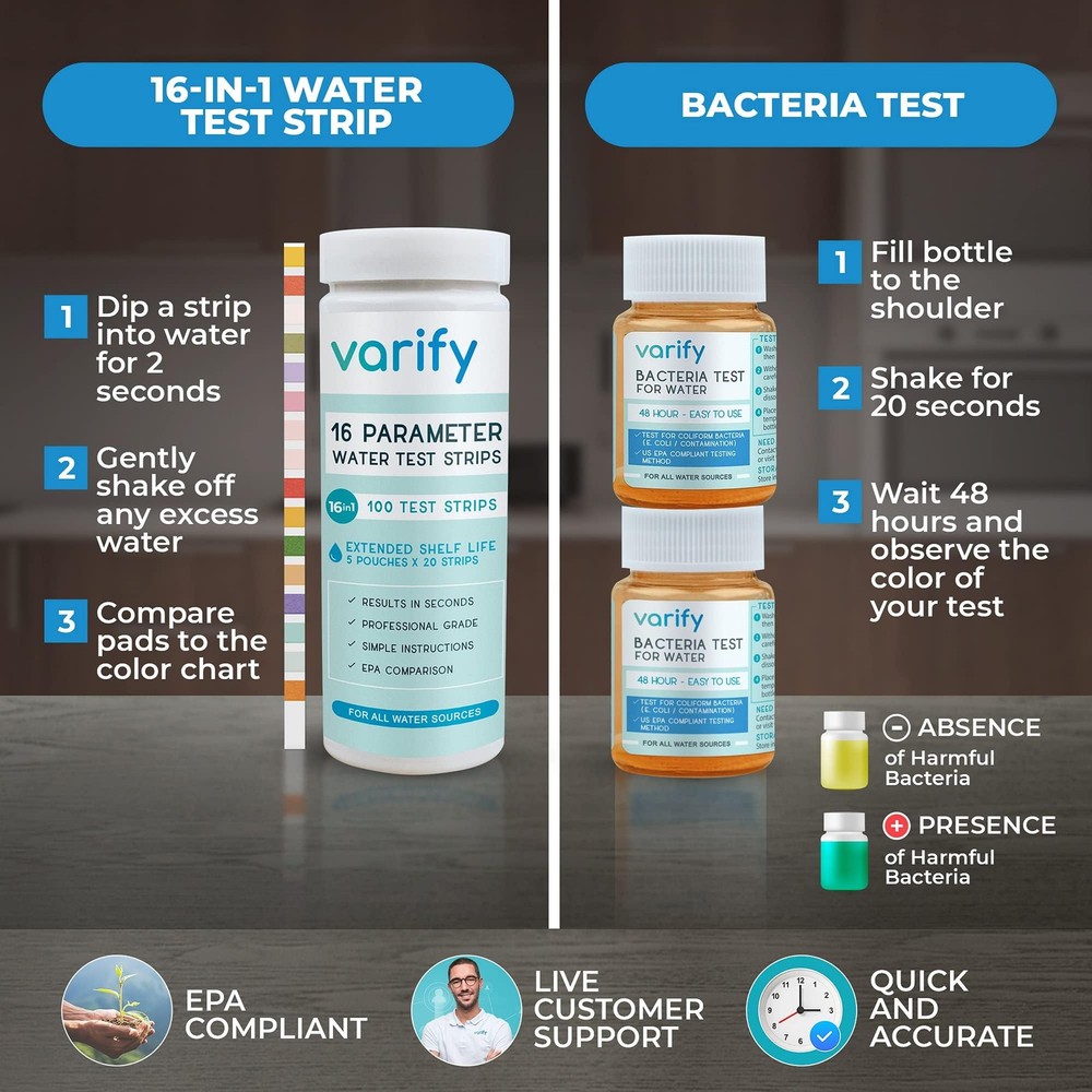 Varify 17in1 Complete Drinking Water Test Kit - 100 Strips + 2 Bacteria Tester