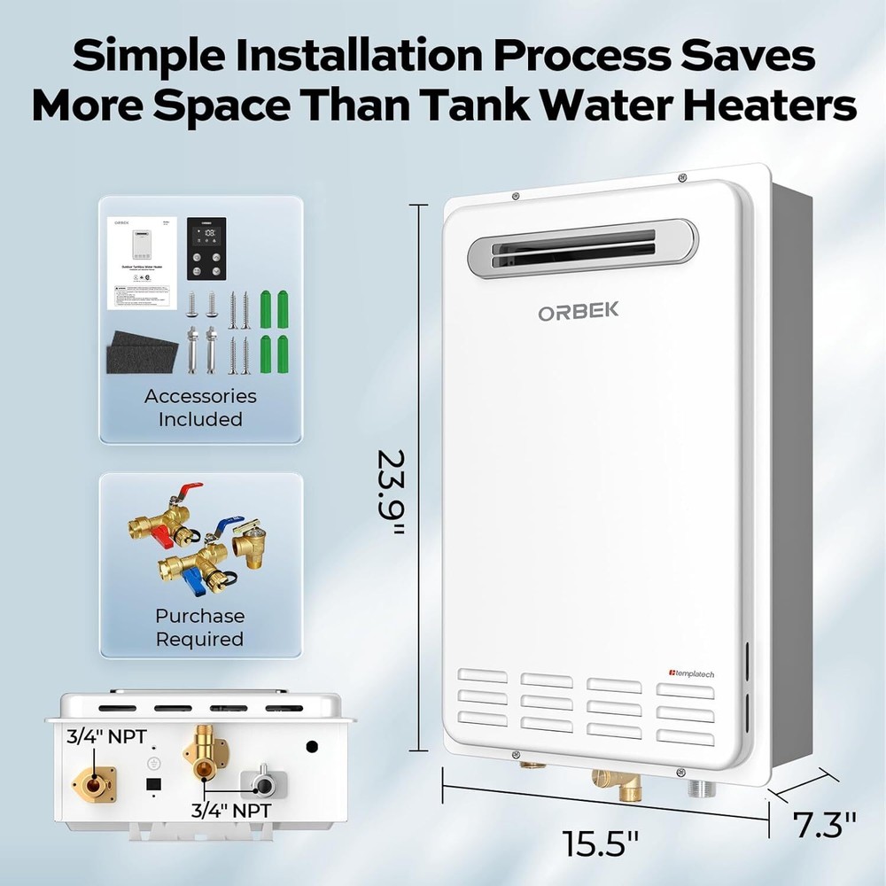 Orbek Outdoor Tankless Water Heater Natural Gas 5.1GPM 120,000 BTU Instant Hot