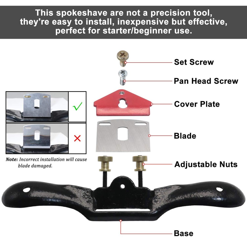 2pcs 9" 10" Adjustable Spokeshave with Flat Base, 4pcs Replacement Blades and 4-