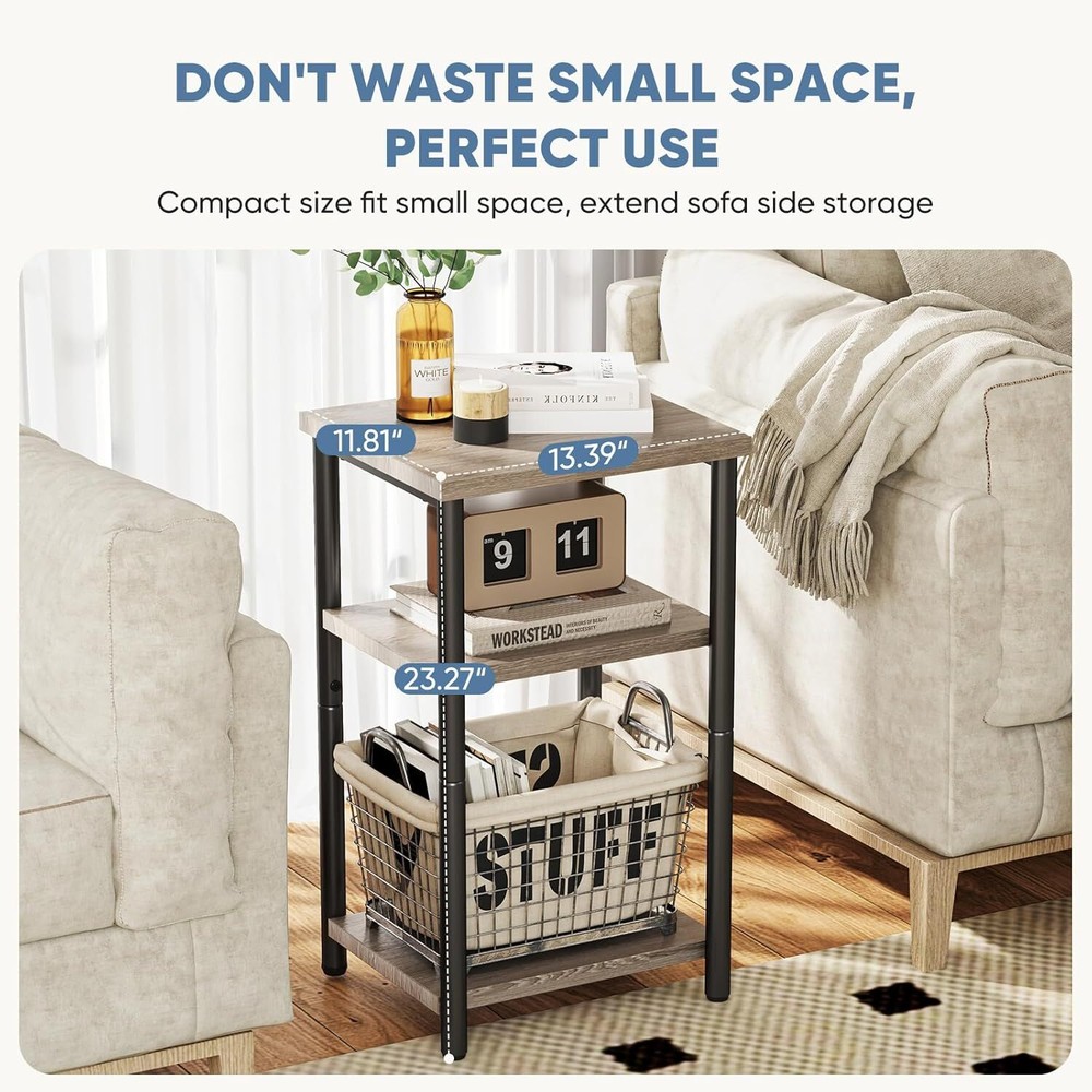 3-Tier End Table Small Side Table Storage Shelf Nightstand with Adjustable Feet