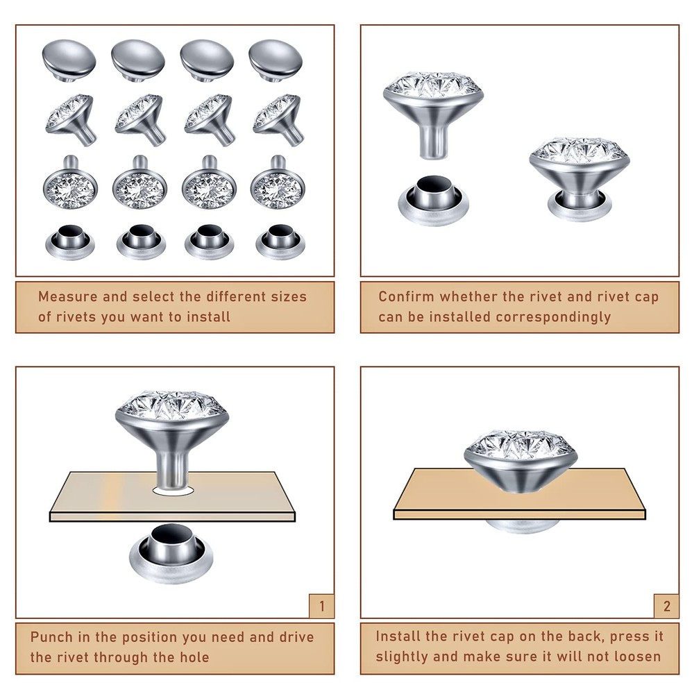 Rhinestone Rivets 600 Sets 6 Sizes White Clear Crystal Rapid Studs Silver