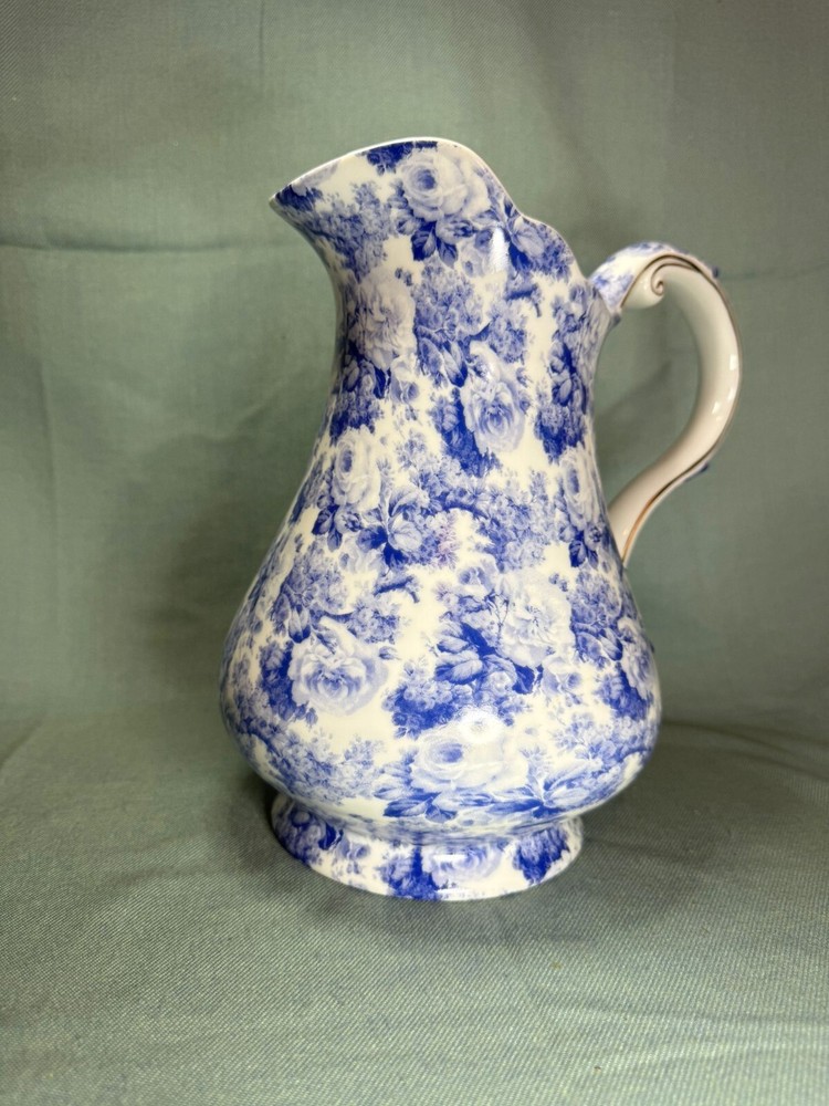 Handmade Pitcher & Basin Blue Transfer Gold Gilt Roses