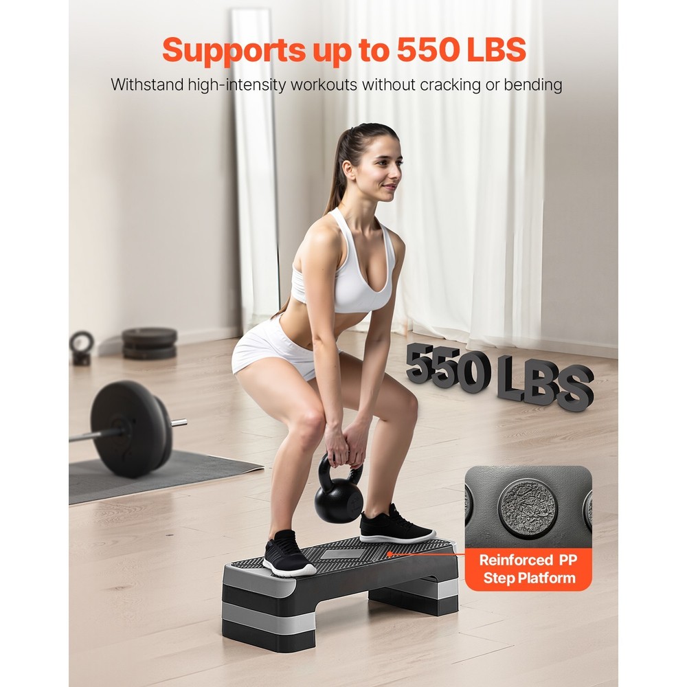 Step Platform Adjustable Height 4 Riser Aerobic Stepper Gray