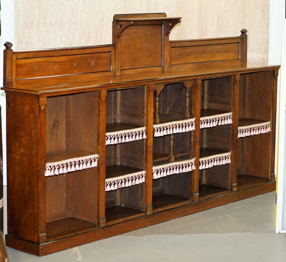 IMPORTANT GOTHIC PUGIN STYLE VICTORIAN WALNUT DWARF OPEN BOOKCASE 274CM WIDE