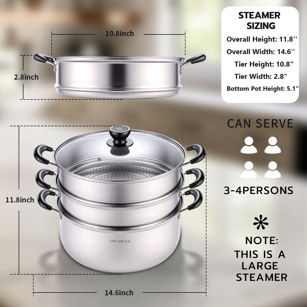 3 Tier Stainless Steel Steamer Pot For Cooking With Stackable Pan Insert, Foo...