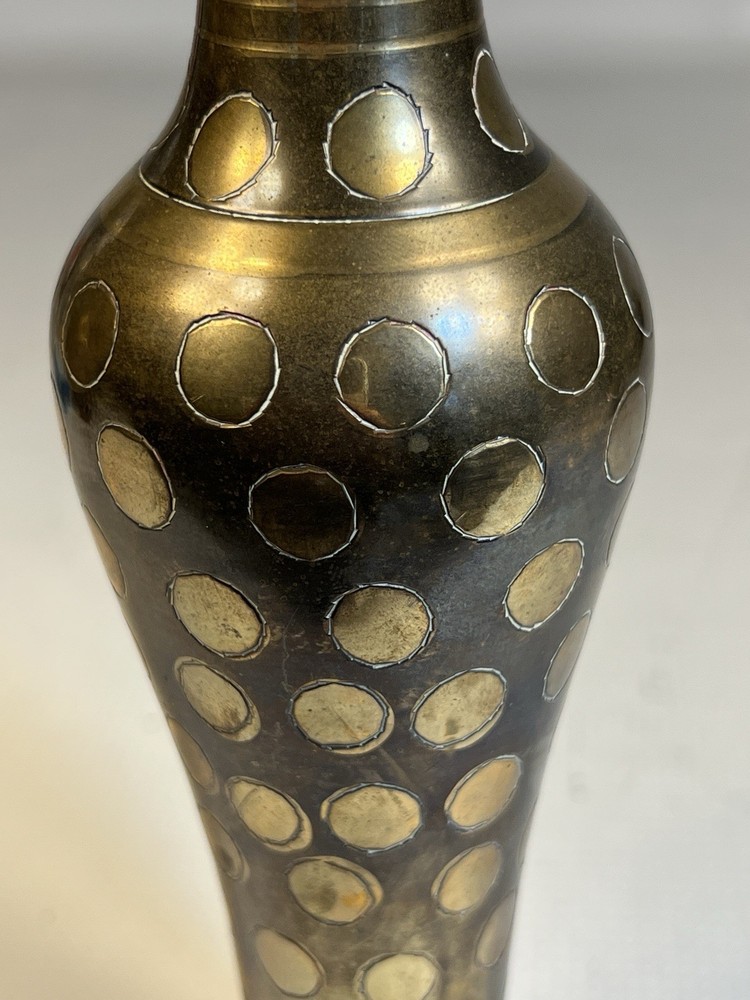 Vintage Solid Brass Vase with Polka Dot Inlay Pattern – 7.5” Tall