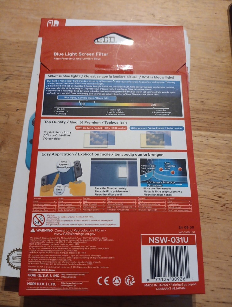 Hori Screen Protector Blue Light Filter for Nintendo Switch