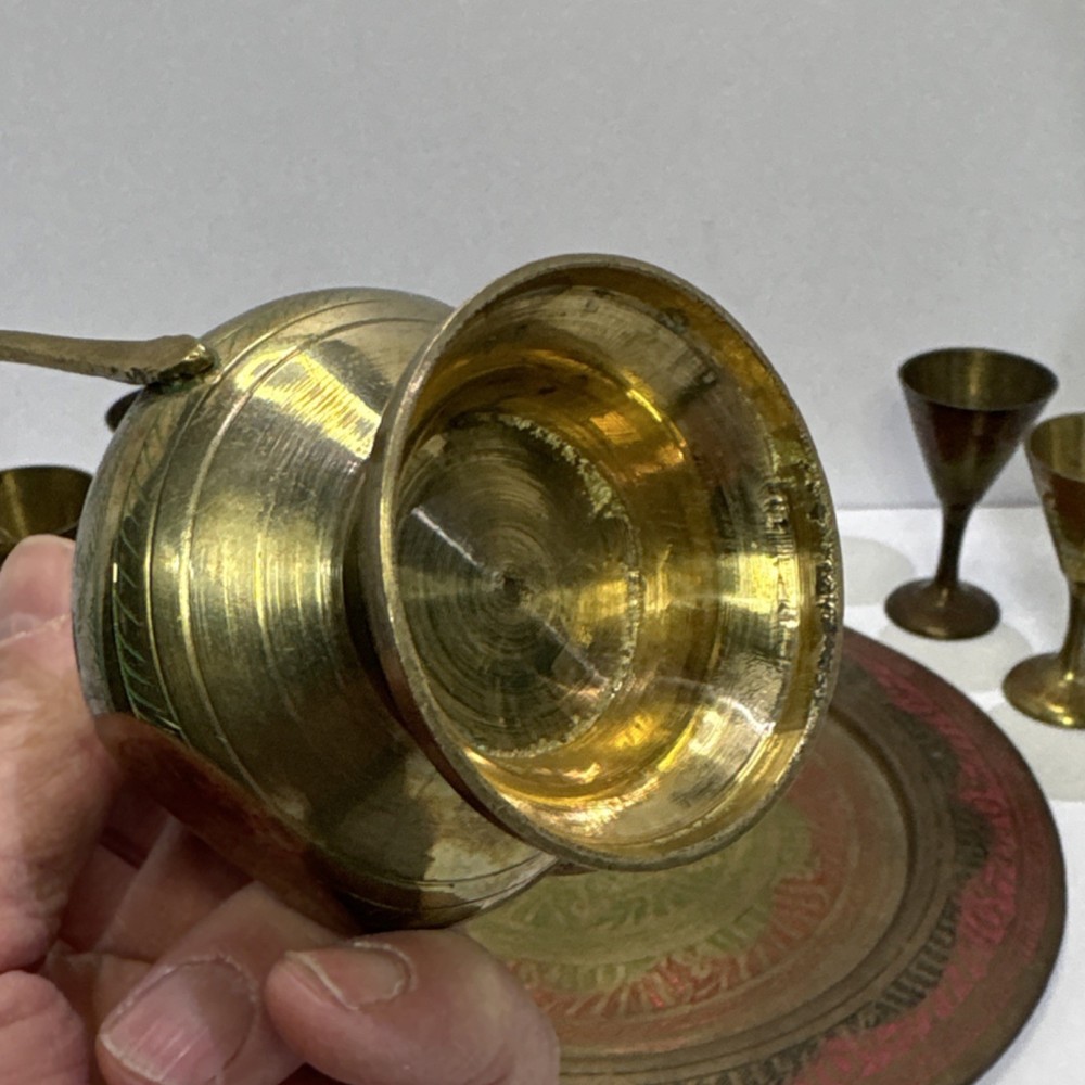 Middle Eastern Brass Coffee Set with Tray, 6 Engraved Colored Goblets, Handmade