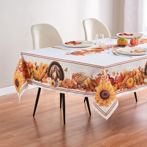 Thanksgiving Tablecloth, (70 x 70" x 120" (Rectangular) Fall Harvest Turkey
