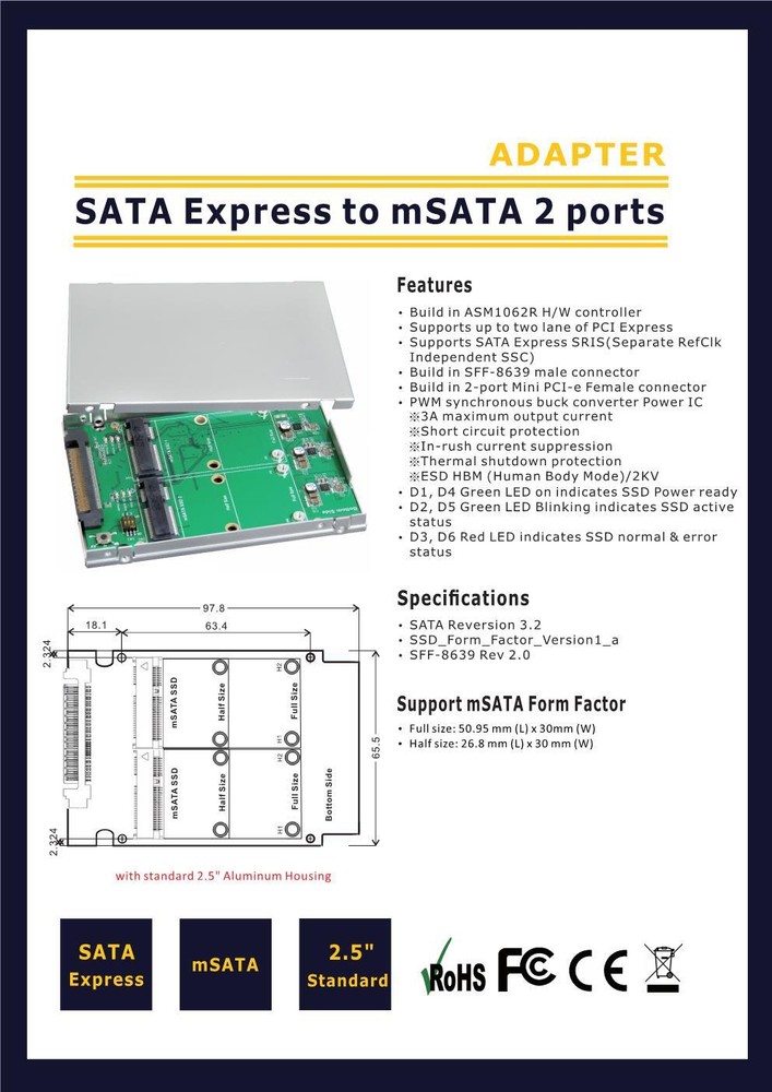 2.5 Inch SATA Express to mSATA SSD RAID Card