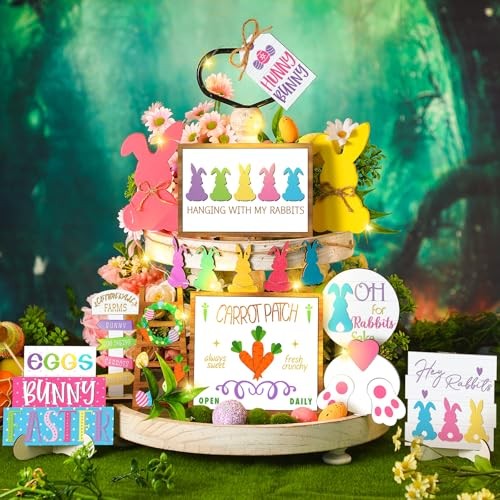 15 Pcs Easter Spring Tiered Tray Decor Set Wooden Table Sign Easter Bunny
