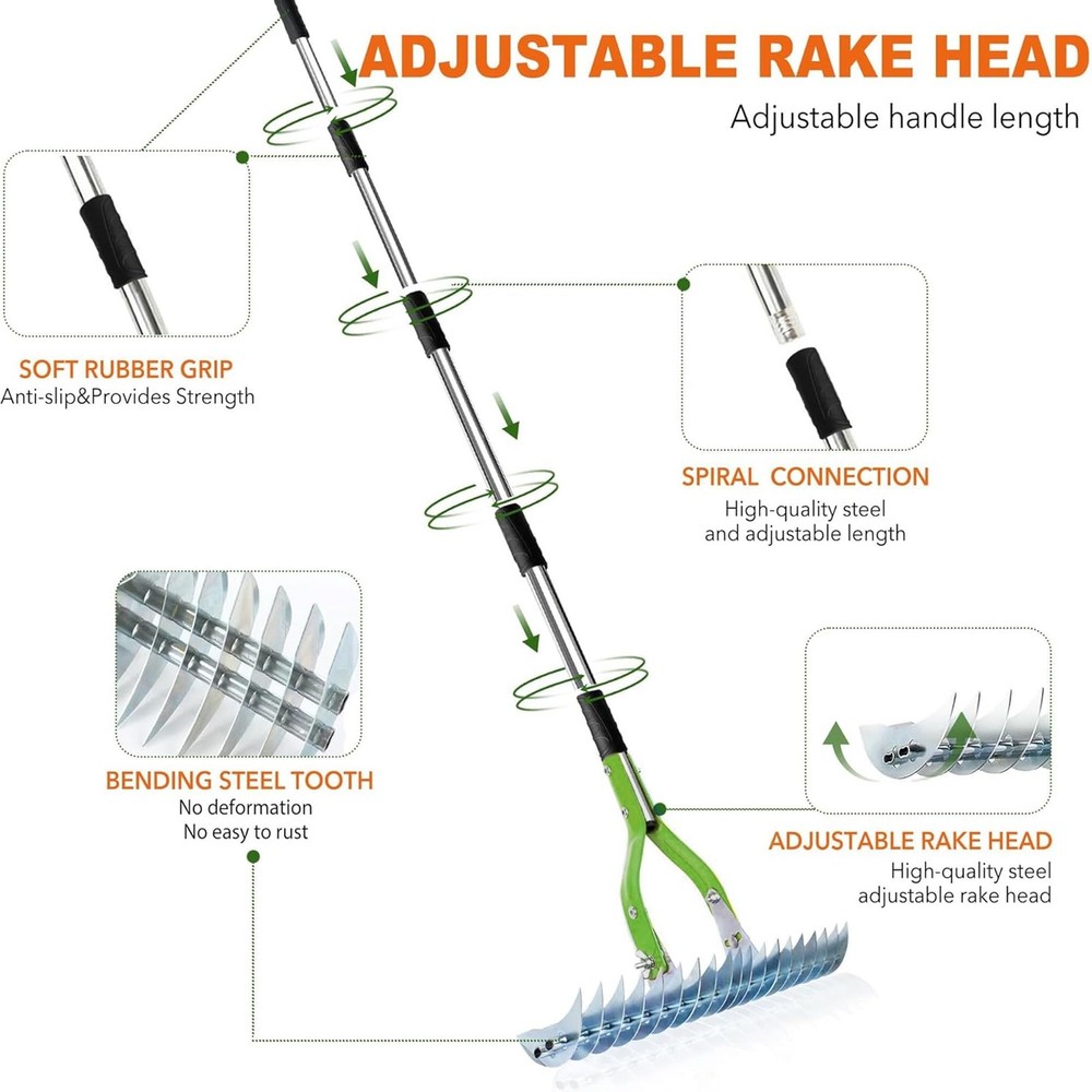 15 Inch Thatch Rake Lawn Dethatcher Dead Grass Remover Adjustable Handle
