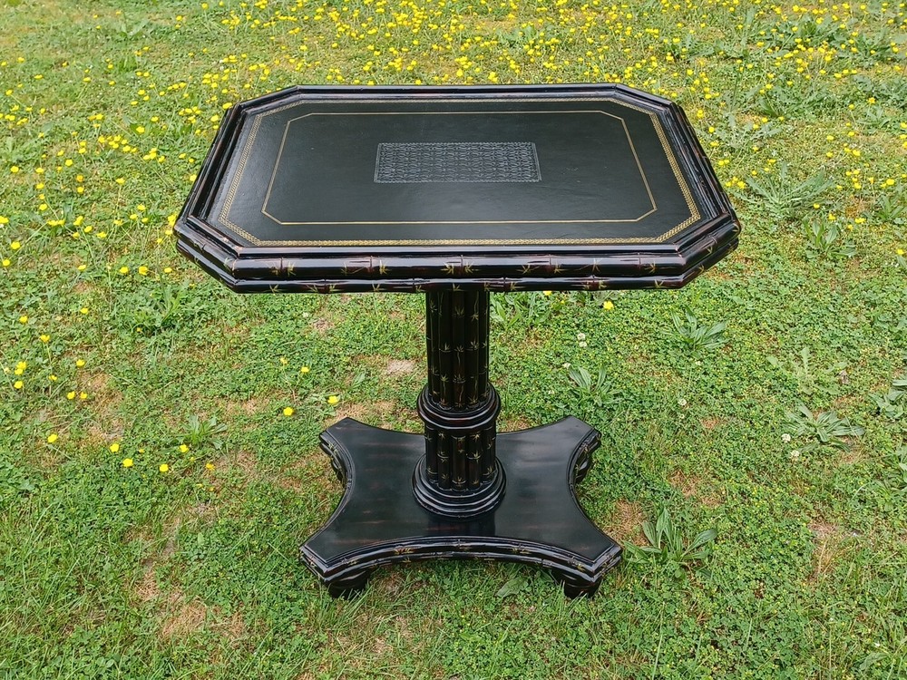 Maitland Smith Side Table Ebonized Faux Bamboo Leather Top Hand Painted Table