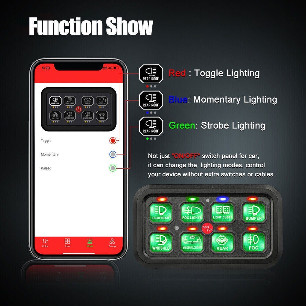 RGB 8 Gang Switch Panel Toggle On-Off LED Light Bar Switch Relay System Marine