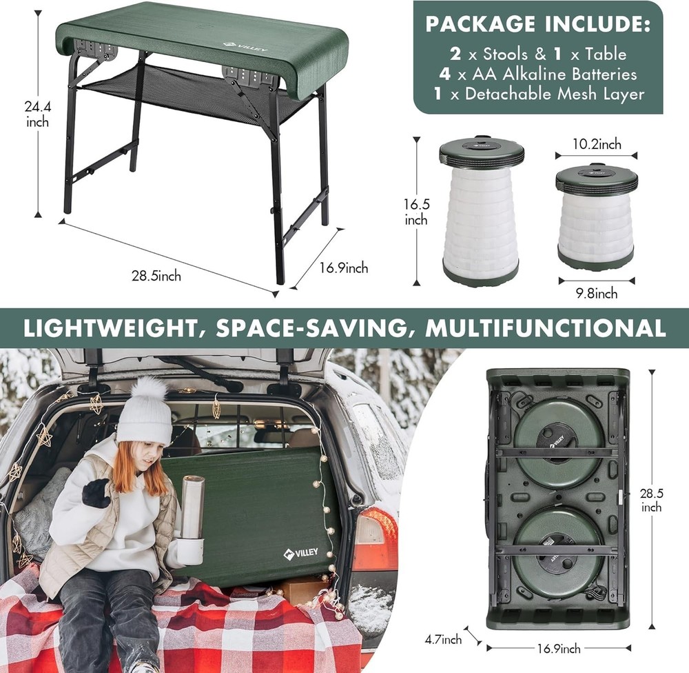 Portable Collapsible Stools Folding Camping Table Set Beach Table w/2PACK Stools