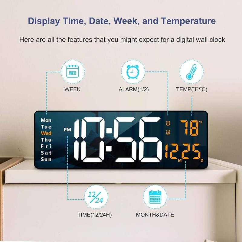 Large Digital Wall Clock Remote Control Brightness Memory Function Alarm Timer