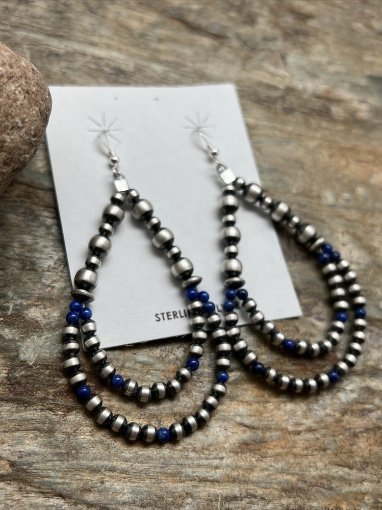 Sterling Silver Pearls Double Loop Lapis Bead Earrings.