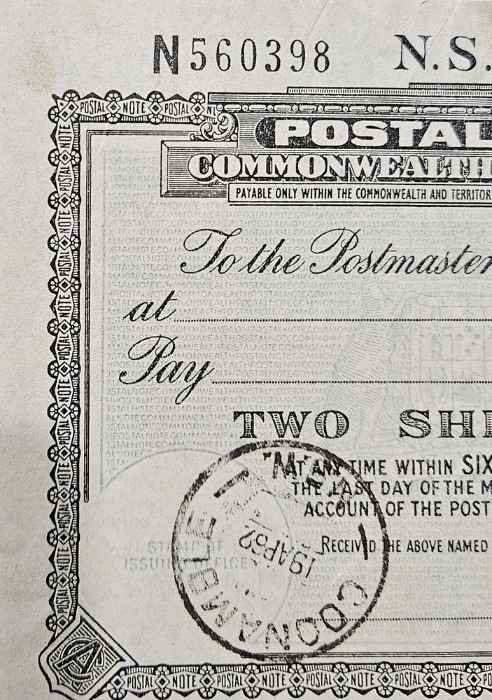 1962 Australian Postal Note Two Shillings N.S.W.