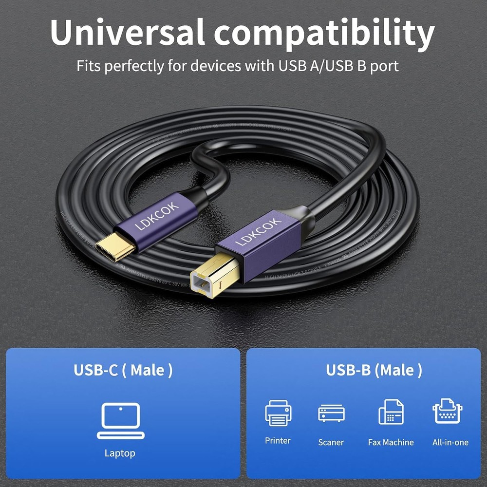 LDKCOK USB B to C Printer Cable 6FT, C MIDI Black