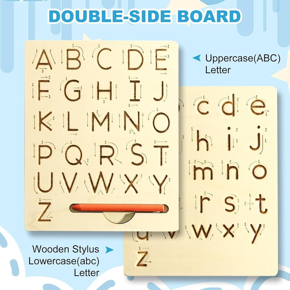 Wooden Letters Practicing Board,Reusable Handwriting Alphabet Tracing Board Doub