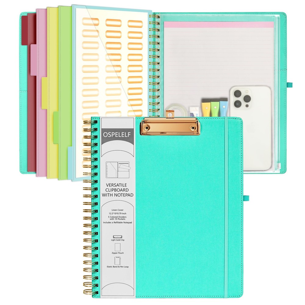 Ospelelf Foldable Spiral Clipboard Folio with Storage Zipper Pouch, 5 Plastic...