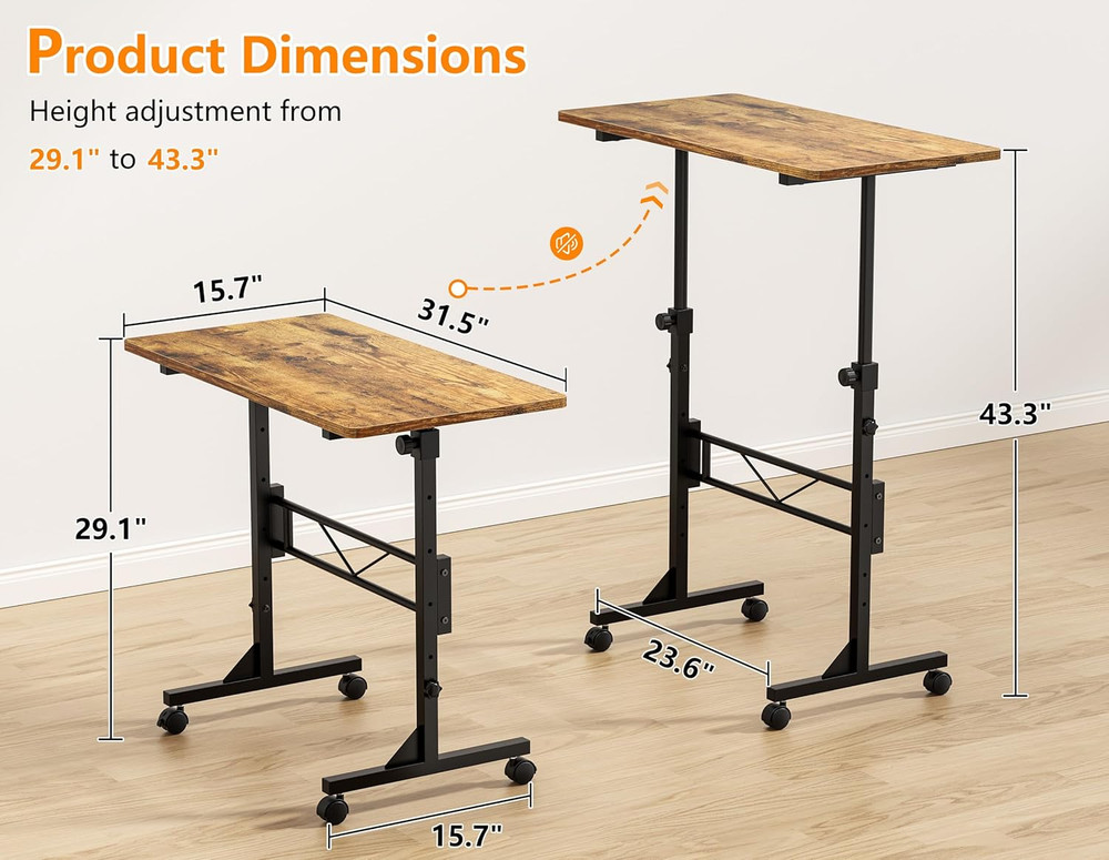 Portable 32" Adjustable Height Rolling Standing Desk for Small Spaces