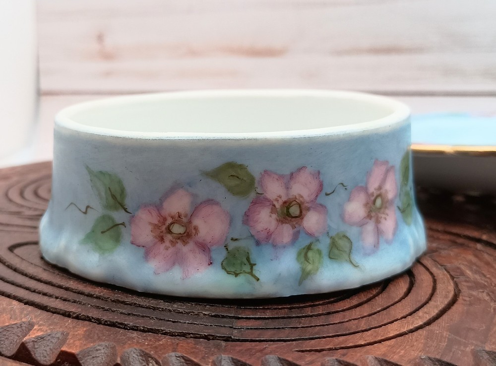 Vintage Blue And Pink Rose Tea Strainer/Diffuser. 2 Piece, Ceramic