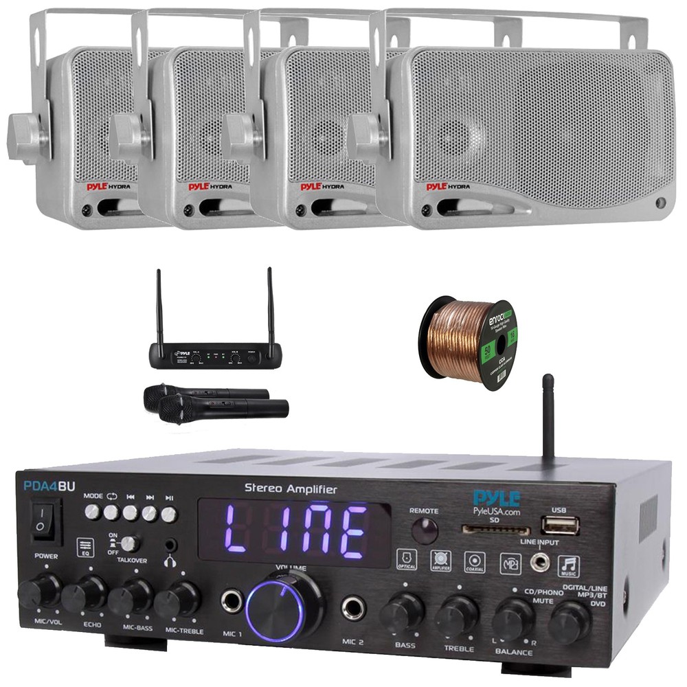 Pyle Bluetooth Stereo Receiver, 4x 3.5'' 200W Speakers, Microphone, Speaker Wire