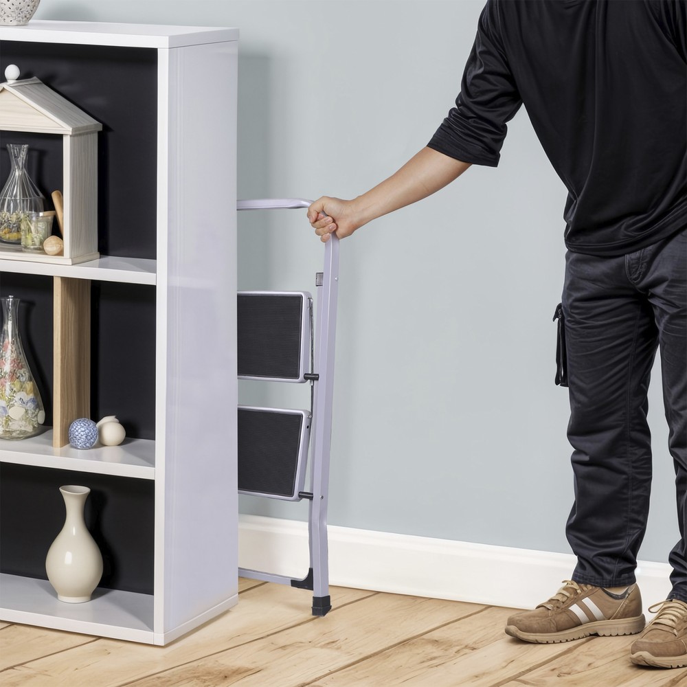 2 Step Ladder Folding Step Stool with Convenient Handgrip Handle 380 lbs Gray