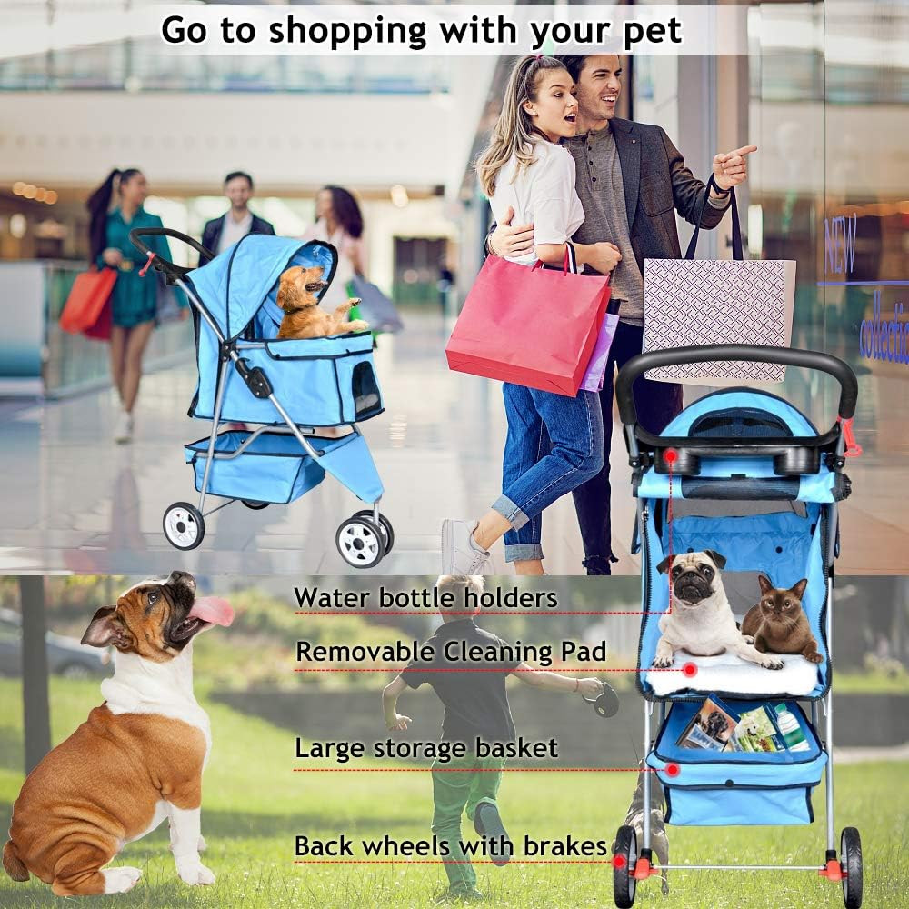 3-Wheel Pet Stroller, Lightweight Foldable Dog Stroller for Small Medium Dogs &