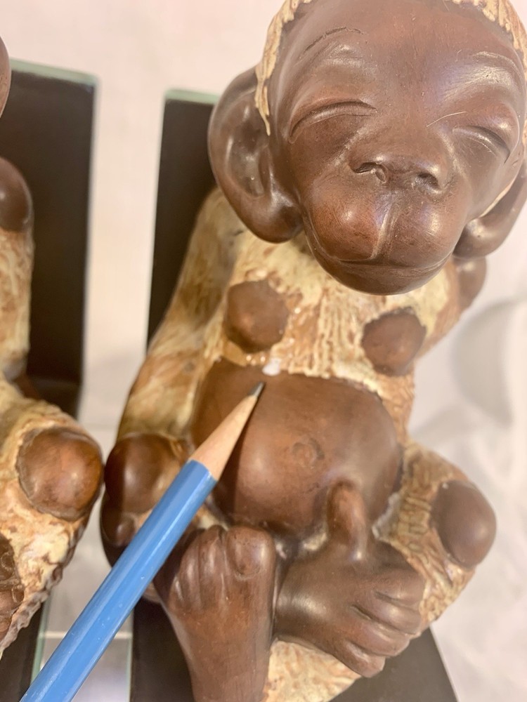 Pair Vtg Ceramic SMILING MONKEY BOOKENDS Large 6"x 3" Size HEAVY