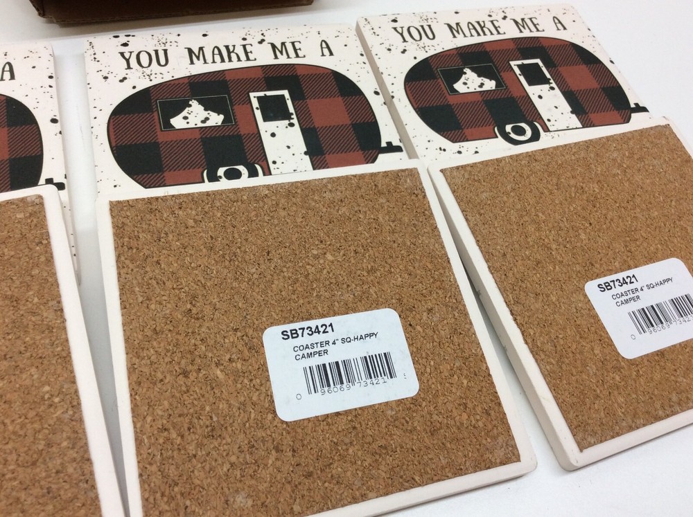 Ceramic Tile Coaster 4" Happy Camper Cork Backing Set of 6
