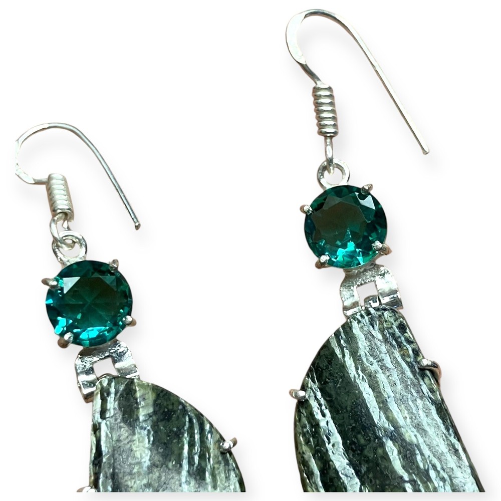 Boho Dangle Statement Rhinestone Acrylic & Silver Tone Teal Green 2.52" Earrings