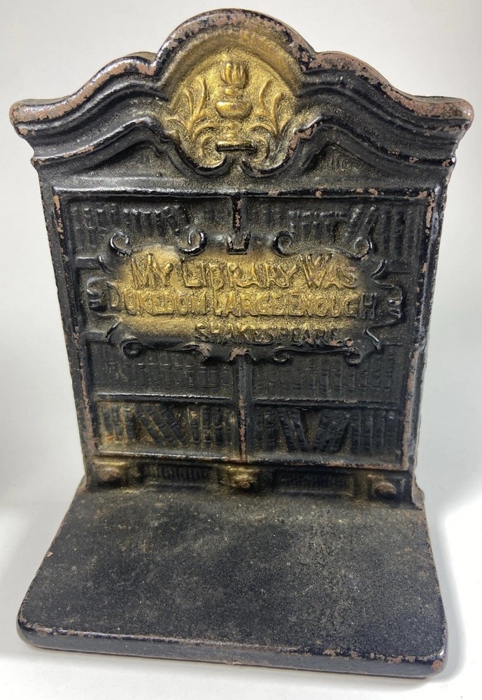 Vtg Cast Iron Bookend Set - Shakespeare Library Theme