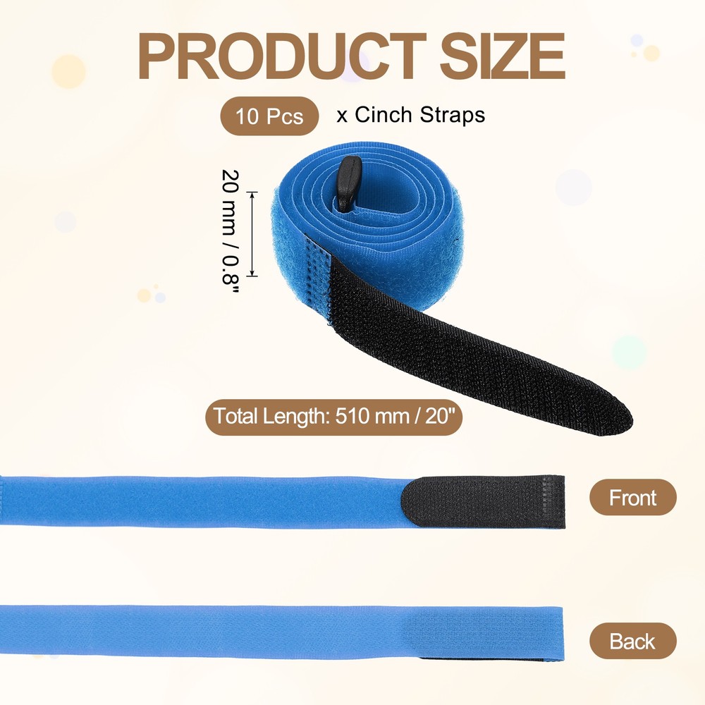 10pcs Reusable Cinch Straps 0.8"x20" Hook and Loop Cable Securing Straps, Blue