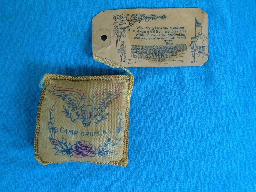 WWI Camp Drum, NY miniature pillow with mailing tag